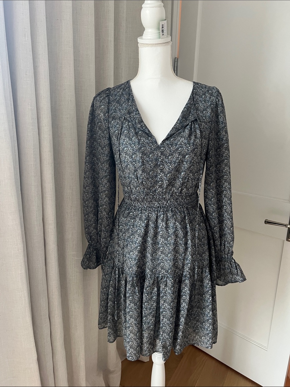 Long-Sleeve Floral Smocked-Waist Dress